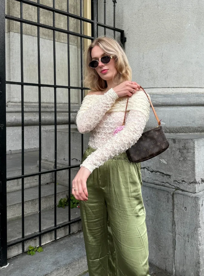 Lace Off-Shoulder Top + Olive Satin Wide-Leg Pants + Mini Shoulder Bag