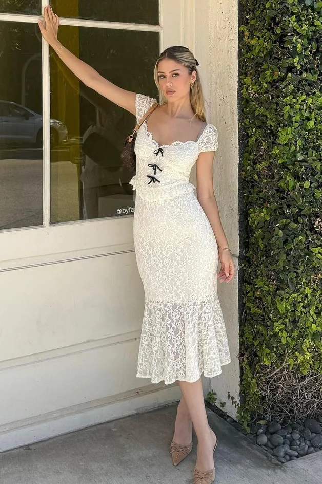 Lace Sweetheart Neckline Midi White Dress Bow Detail