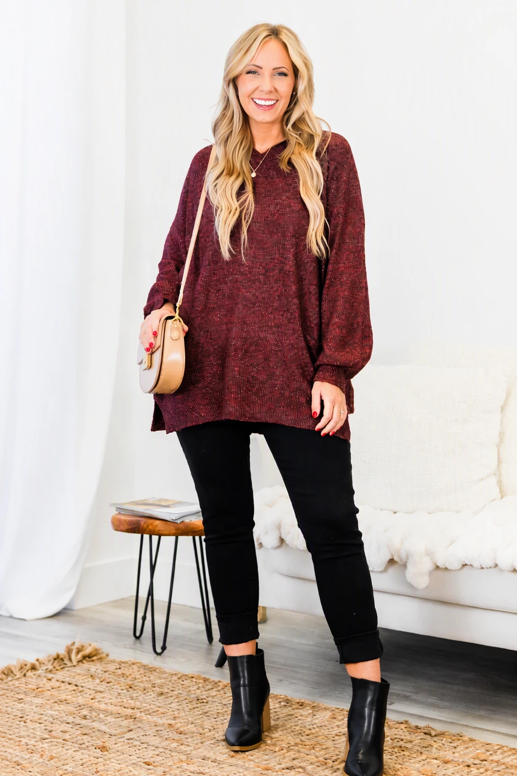 Laid-Back Chic: Burgundy Sweater + Black Jeans
