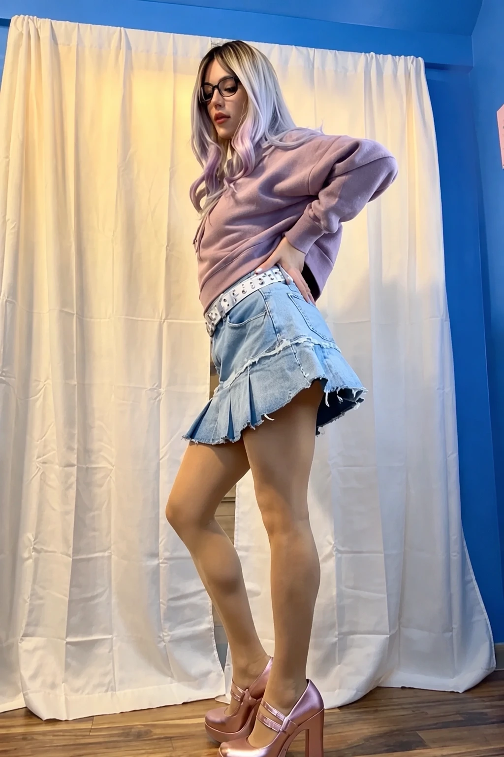 Lavender Hoodie + Ruffled Denim Skirt + Platform Heels