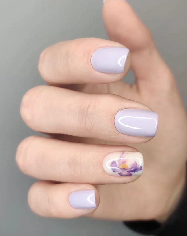 Lavender Nail Art with Floral Accent on Short Square Nails