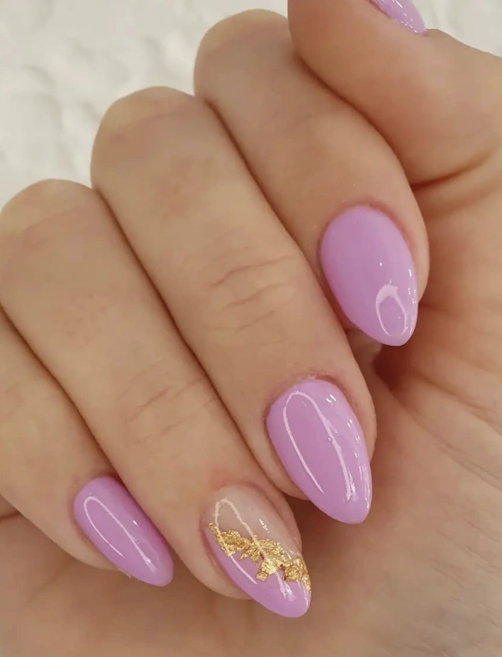 Lavender Nails Acrylic with Glossy Finish and Gold Foil Accents