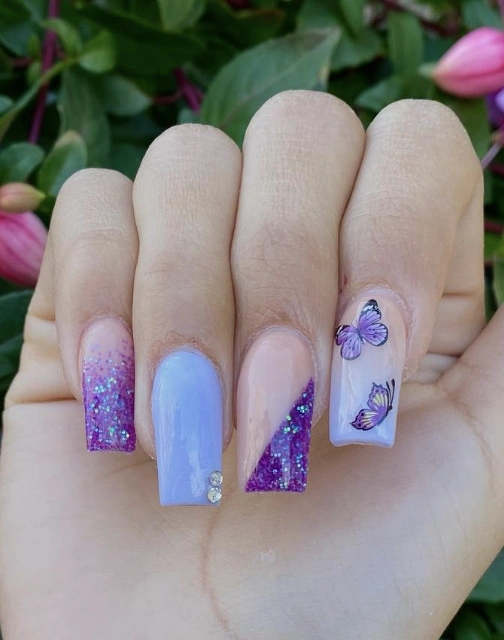 Lavender Nails Almond with Glitter Ombre and Butterfly Accents