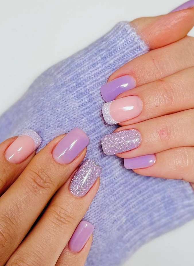 Lavender Nails with Design, Featuring Glitter Accents and Soft Ombre Effects
