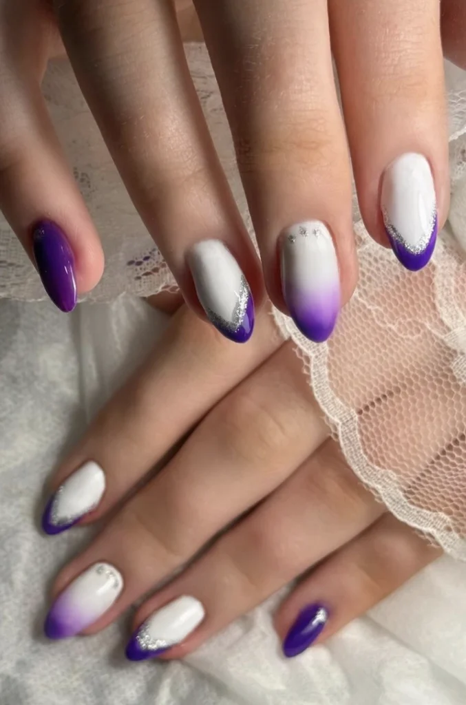 Lavender Ombre Almond Nails with Silver Glitter Tips