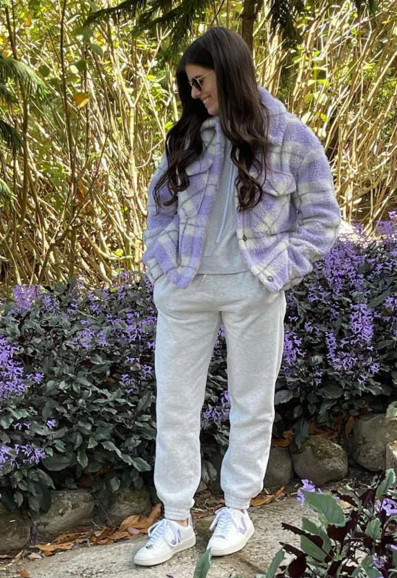 Lavender Plaid Sherpa Jacket + Light Grey Hoodie + Grey Jogger Pants + White Sneakers