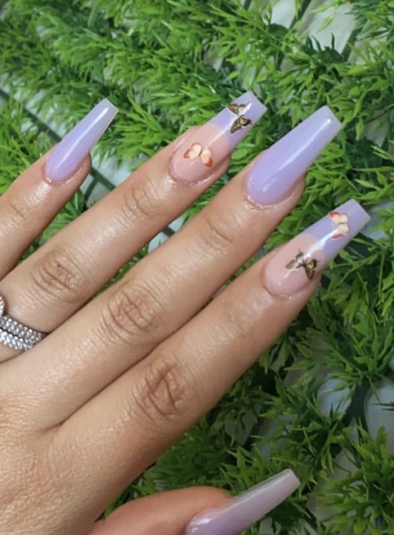 Lavender Square Coffin Nails with Butterflies
