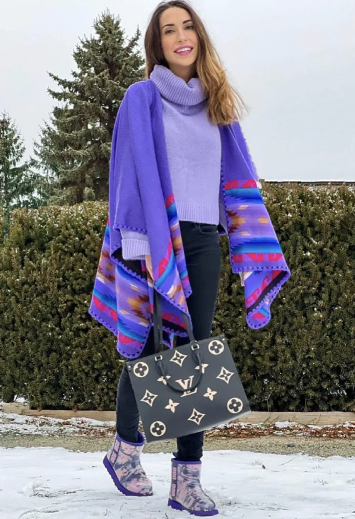 Lavender Turtleneck Sweater + Purple Patterned Cape + Black Skinny Jeans + Purple Patterned Ankle Boots