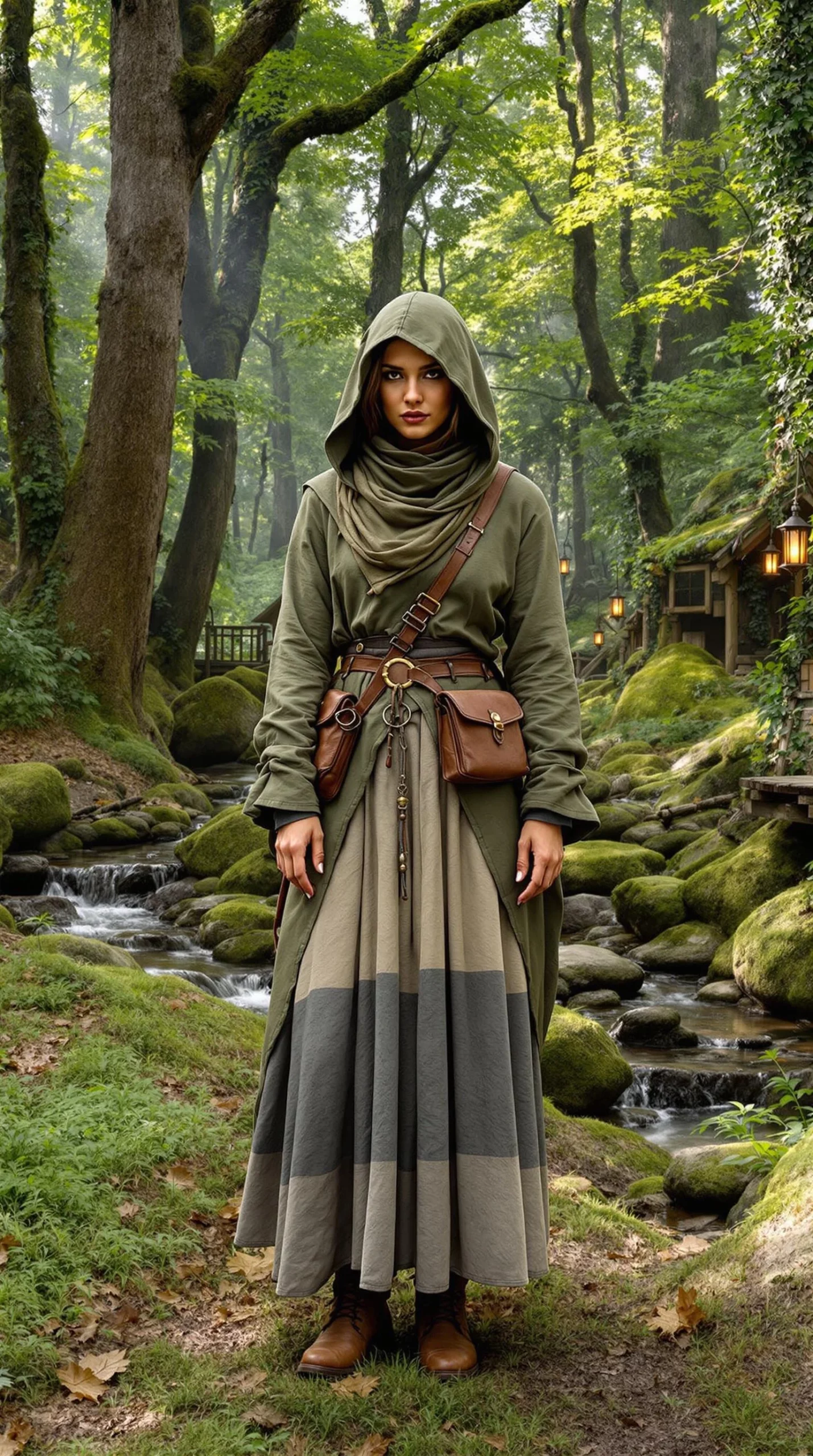 Layered Green Cloak + Striped Maxi Skirt