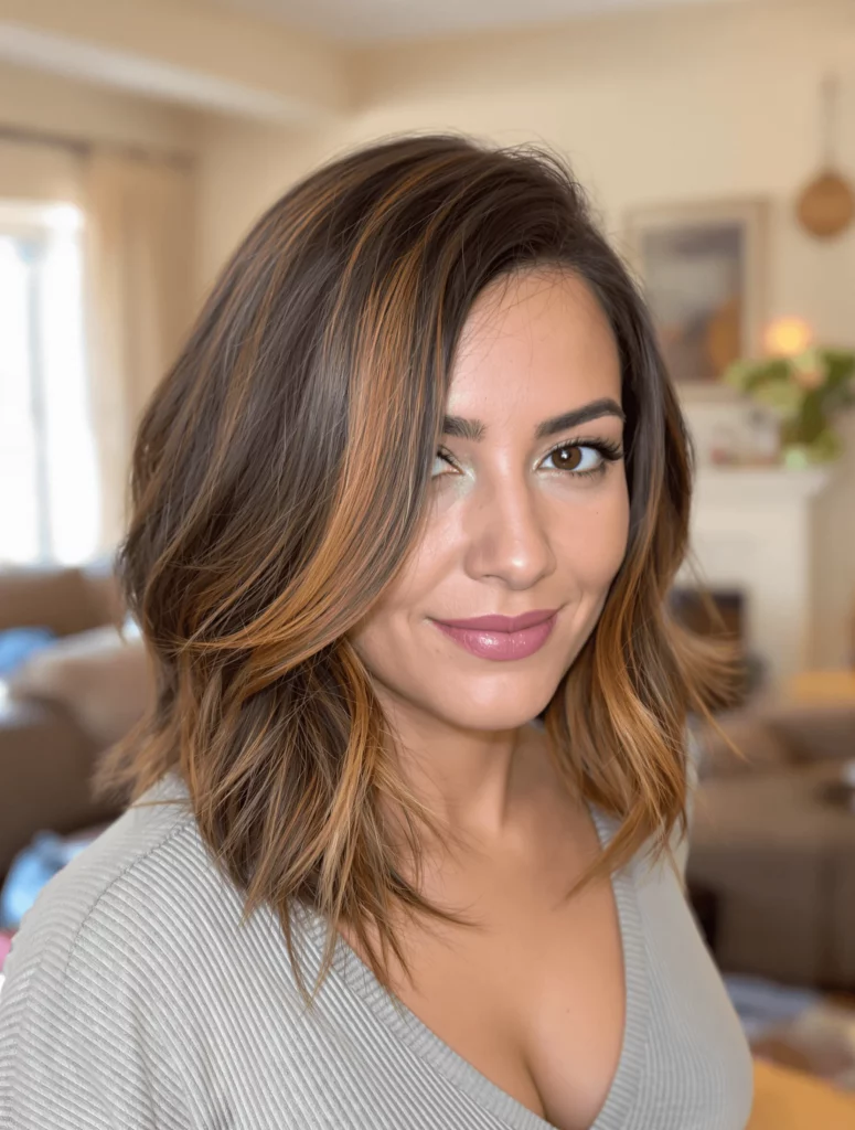 Layered Lob with Caramel Balayage