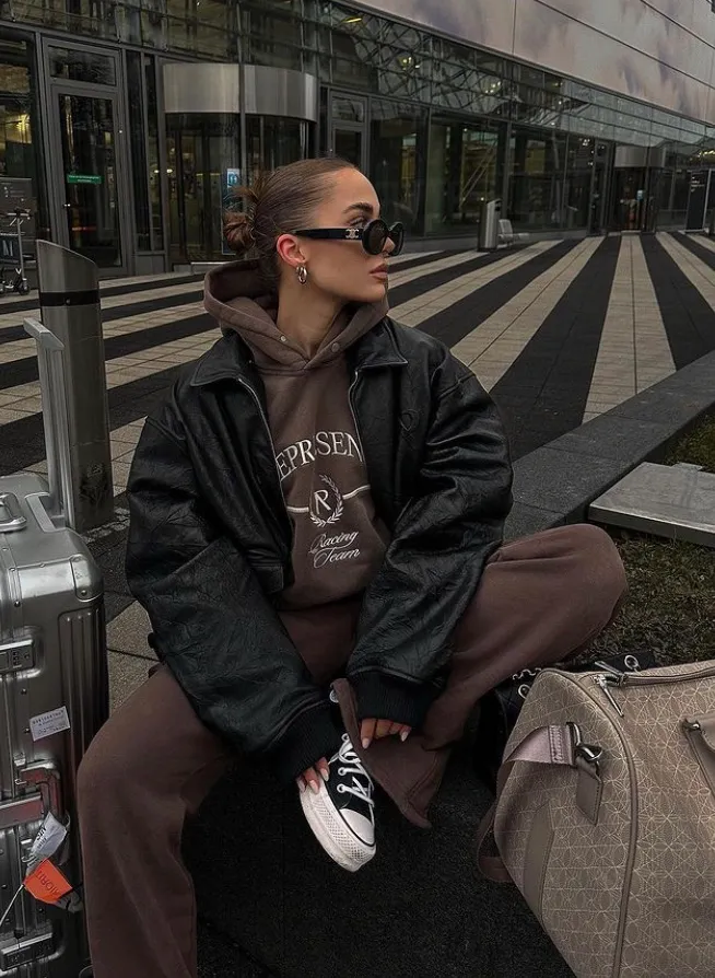 Leather Jacket + Hoodie + Sweatpants + Sneakers: Layered Cool
