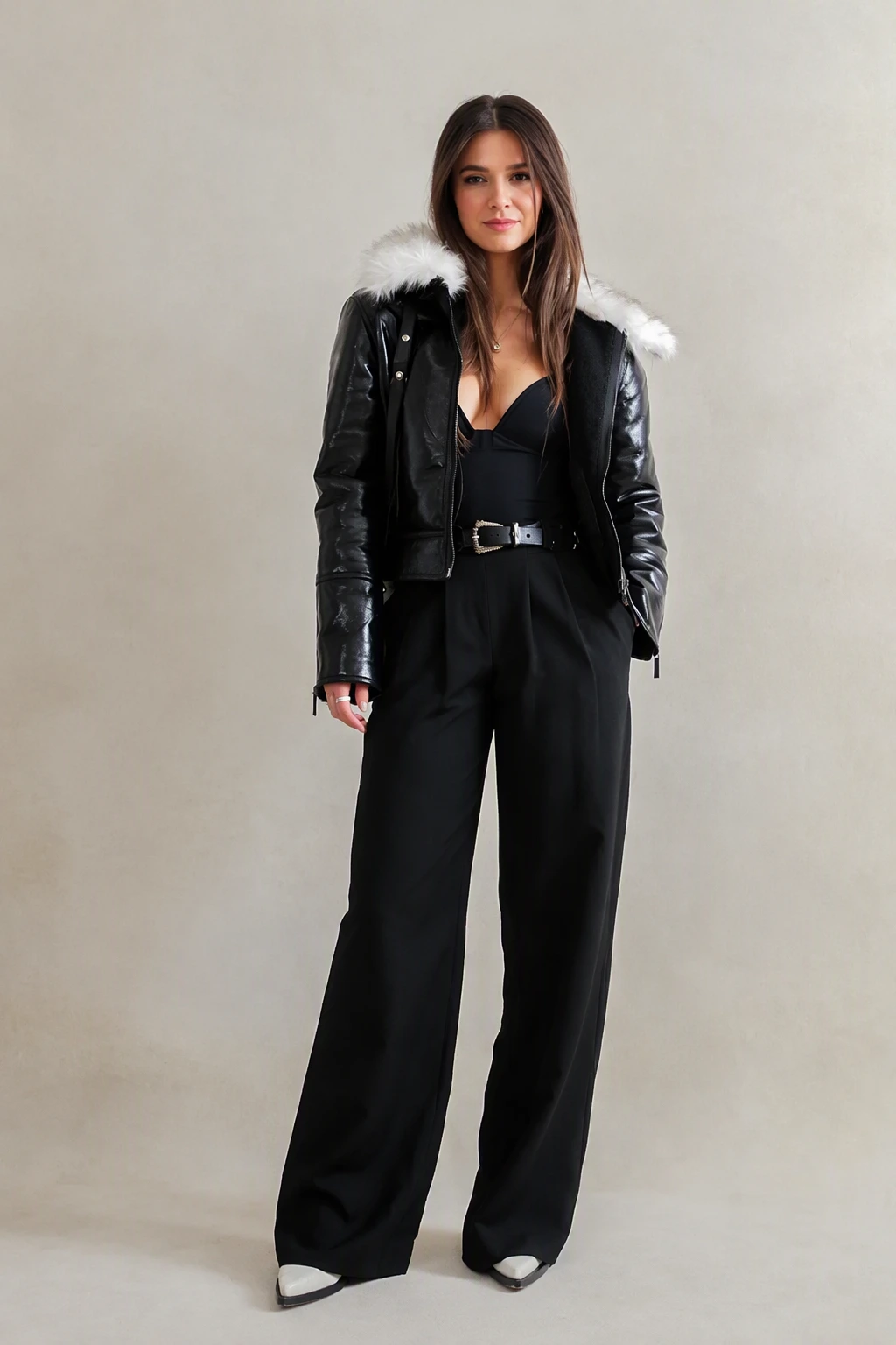 Leather Jacket + Wide Leg Pants