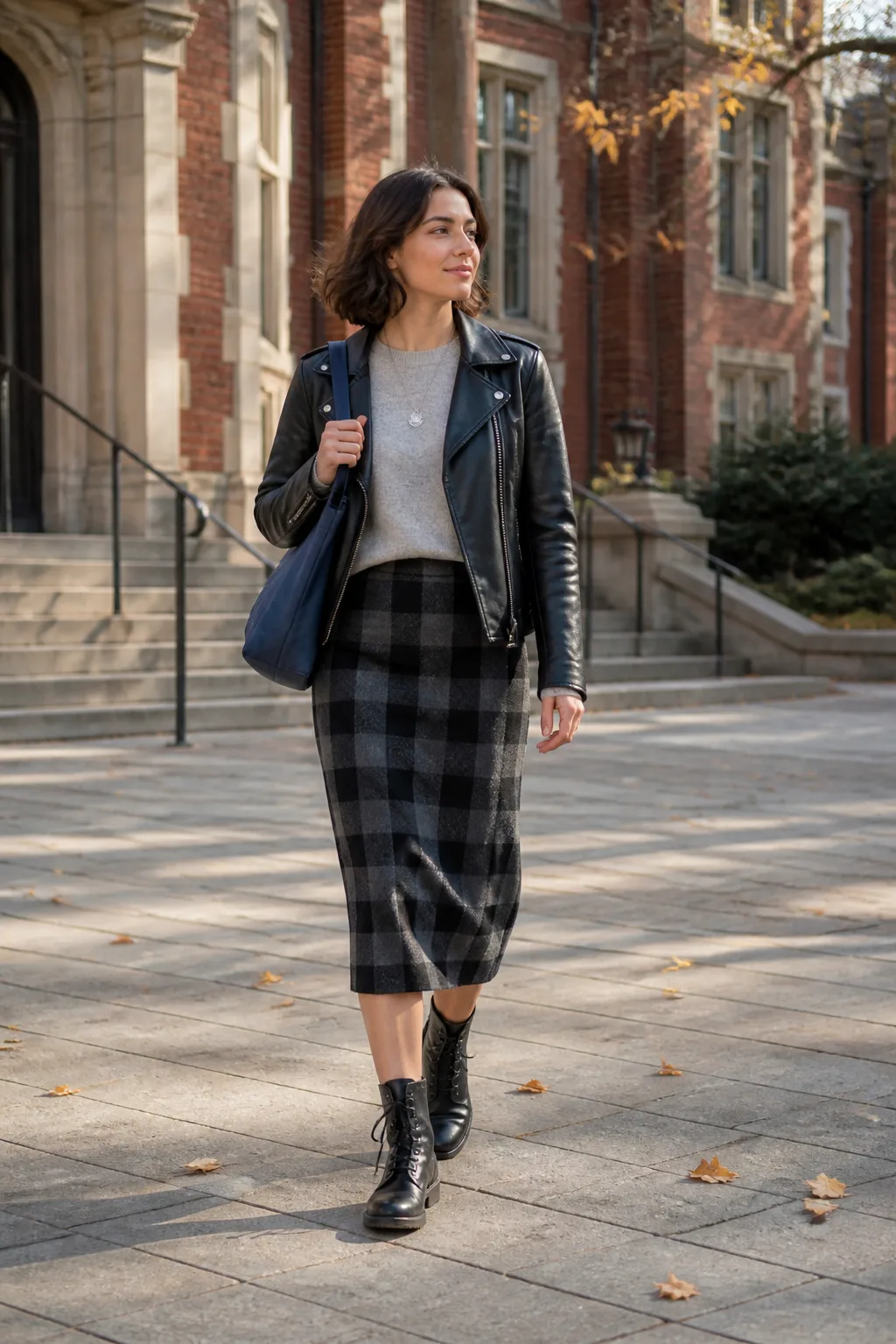 Leather Moto Jacket, Knit Skirt and Combat Boots