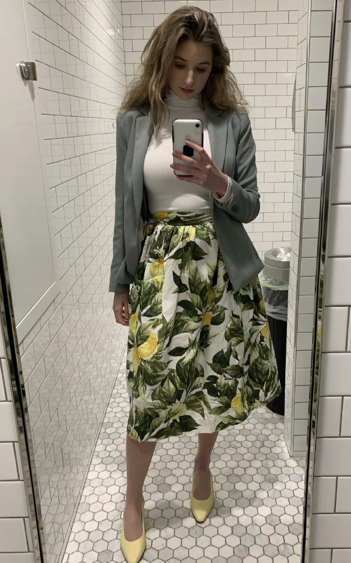 Lemon Print Midi Skirt + White Mock Neck Top + Light Grey Blazer + Yellow Pointed Toe Flats