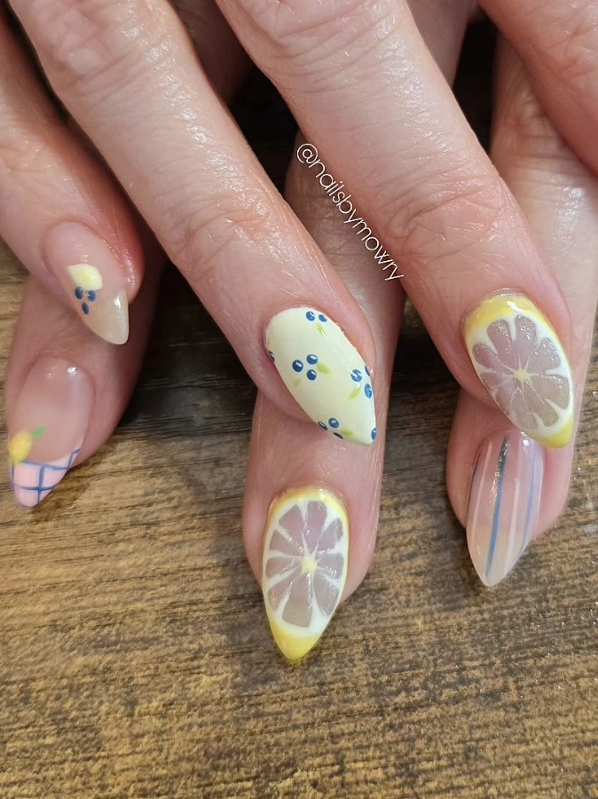 Lemon Slice Almond Nails with Gingham and Blueberry Details