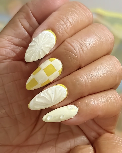 Lemon Slice and Checkerboard Almond Nails
