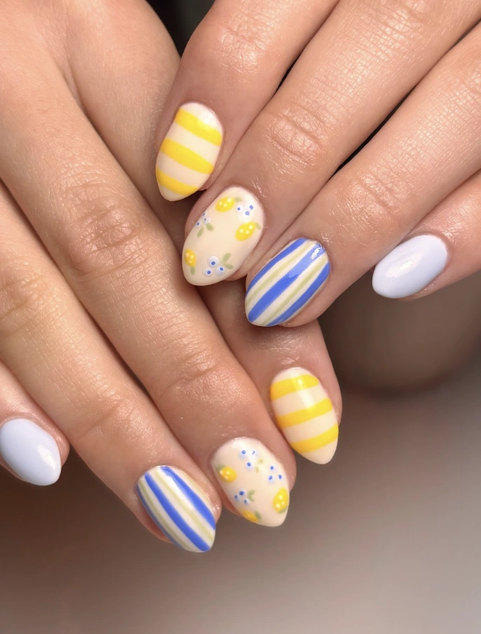 Lemon & Stripe Pastel Almond Nails