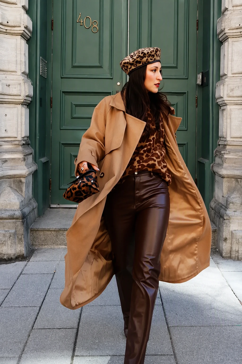 Leopard Print Beret + Leopard Print Top + Brown Leather Pants + Camel Trench Coat + Leopard Print Gloves