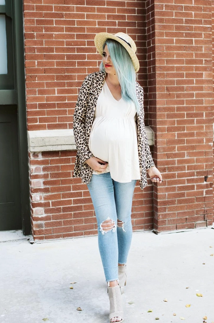 Leopard Print Cardigan + Cream Maternity Top + Distressed Skinny Jeans + Peep-Toe Heels + Straw Hat