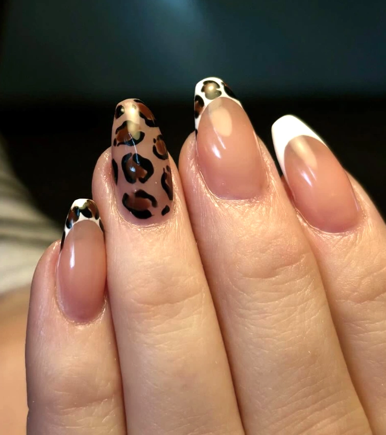 Leopard Print Coffin Nails with Creamy French Tips and Subtle Matte Finish