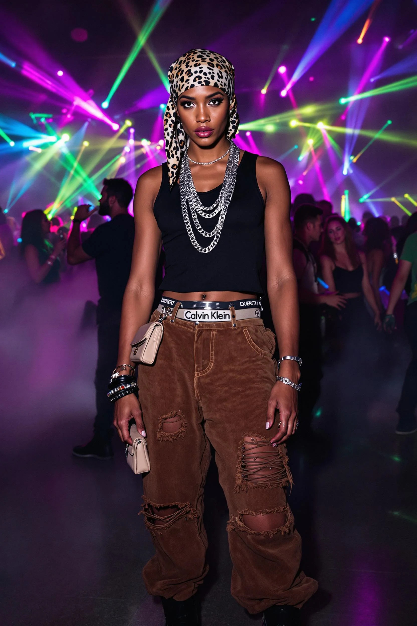 Leopard Print Head Scarf + Black Sleeveless Tank Top + Brown Corduroy Ripped Pants + Beige Chunky Sneakers