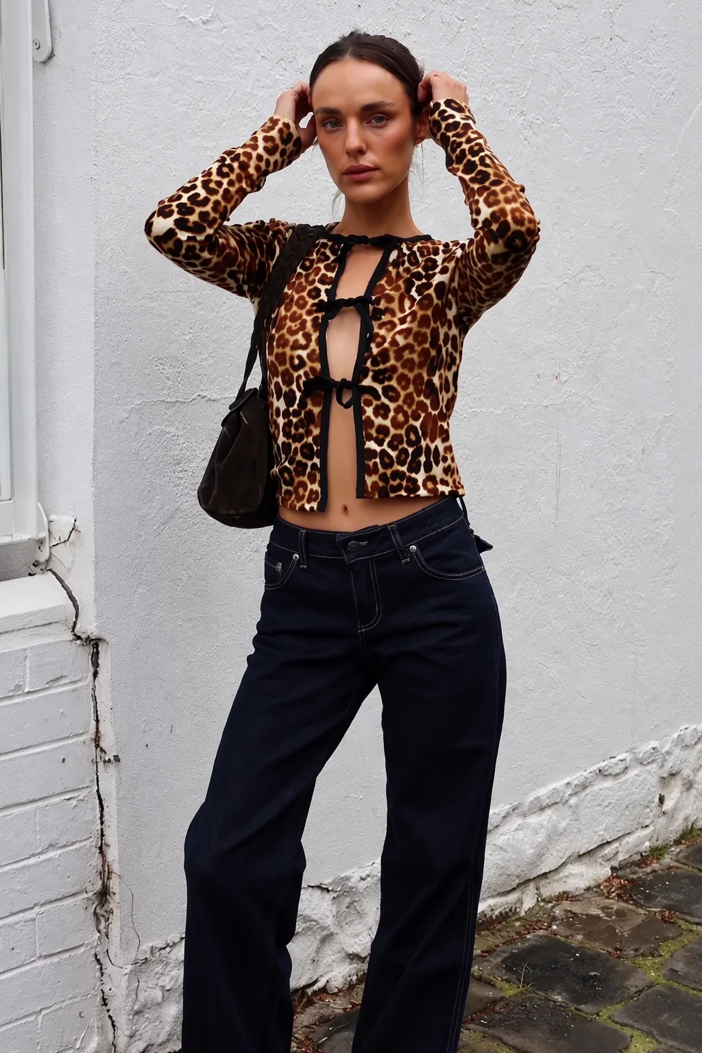 Leopard Print Long Sleeve Crop Top + Dark Wash Wide Leg Jeans