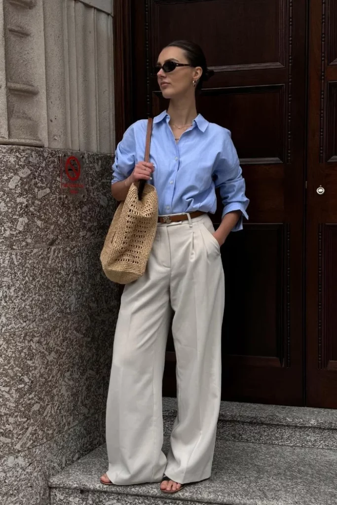 Light Blue Button-Down Shirt + Cream Wide-Leg Trousers + Brown Leather Belt + Black Flat Sandals