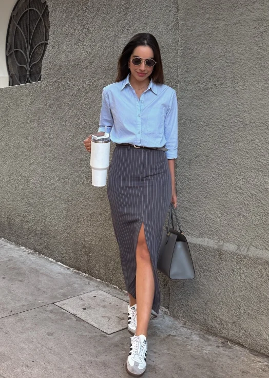 Light Blue Button-Down Shirt + Gray Pinstripe Maxi Skirt With Front Slit + White Sneakers