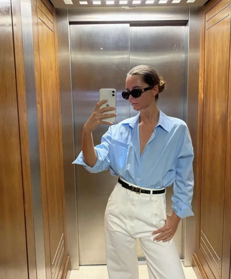 Light Blue Button-Up Shirt + White High-Waisted Trousers + Black Skinny Belt