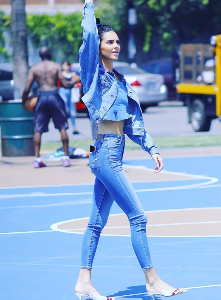Light Blue Denim Cropped Jacket + Light Blue Denim Crop Top + Light Blue Skinny Jeans + White Pointed Toe Heeled Mules