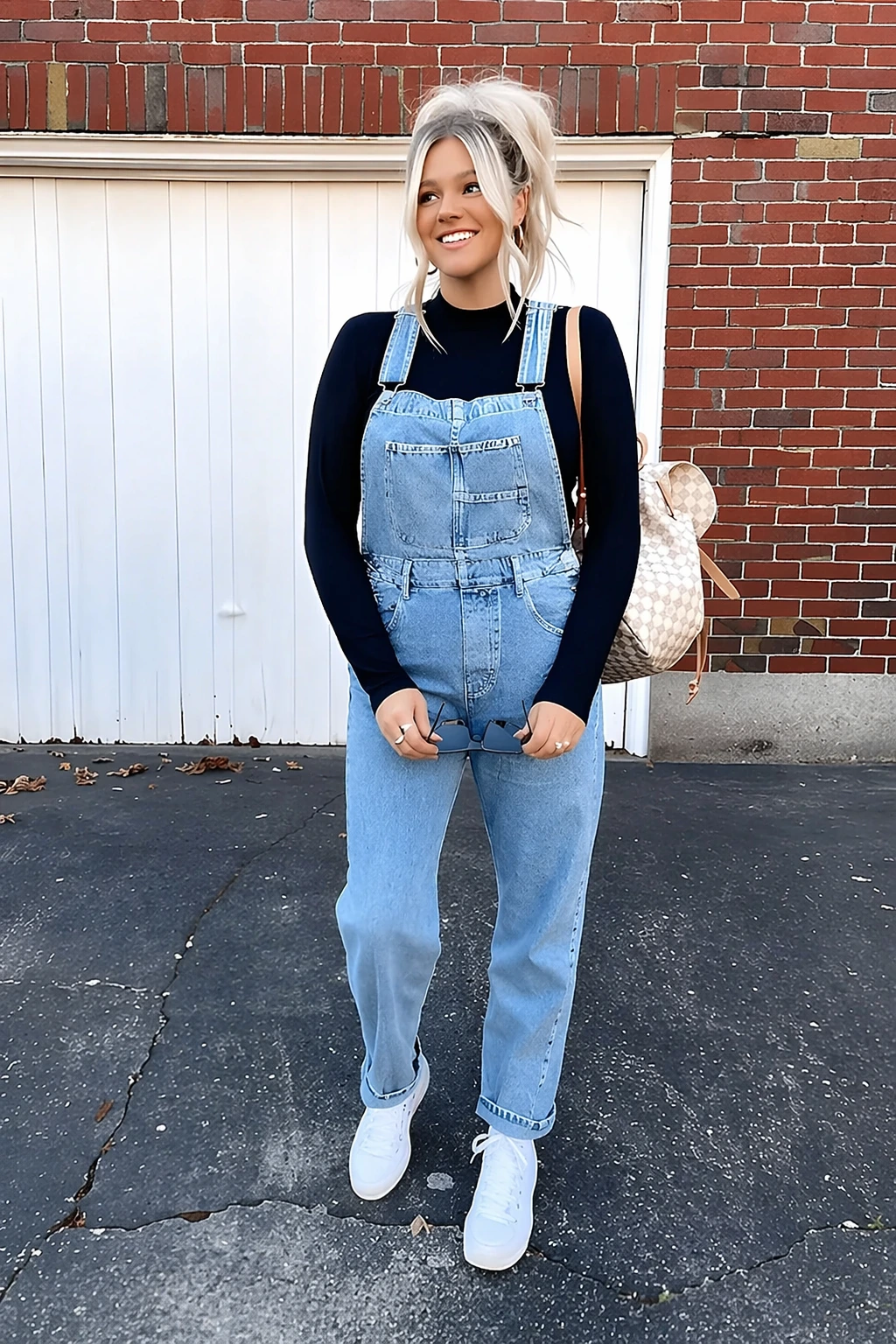 Light Blue Denim Overall + Full Sleeves Black Turtleneck Sweater + White Sneakers + Tan Tote Bag