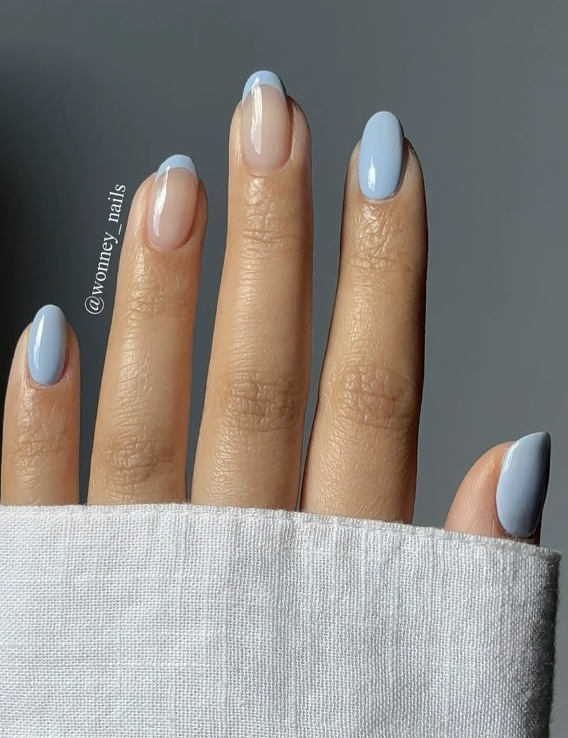 Light Blue Solid and French Tip Spring Gel Nails