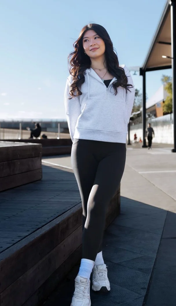 Light Gray Hoodie + Black Leggings + White Athletic Sneakers