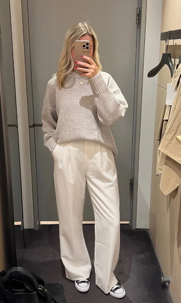 Light Gray Oversized Sweater + White Wide-Leg Trousers + Black White Sneakers