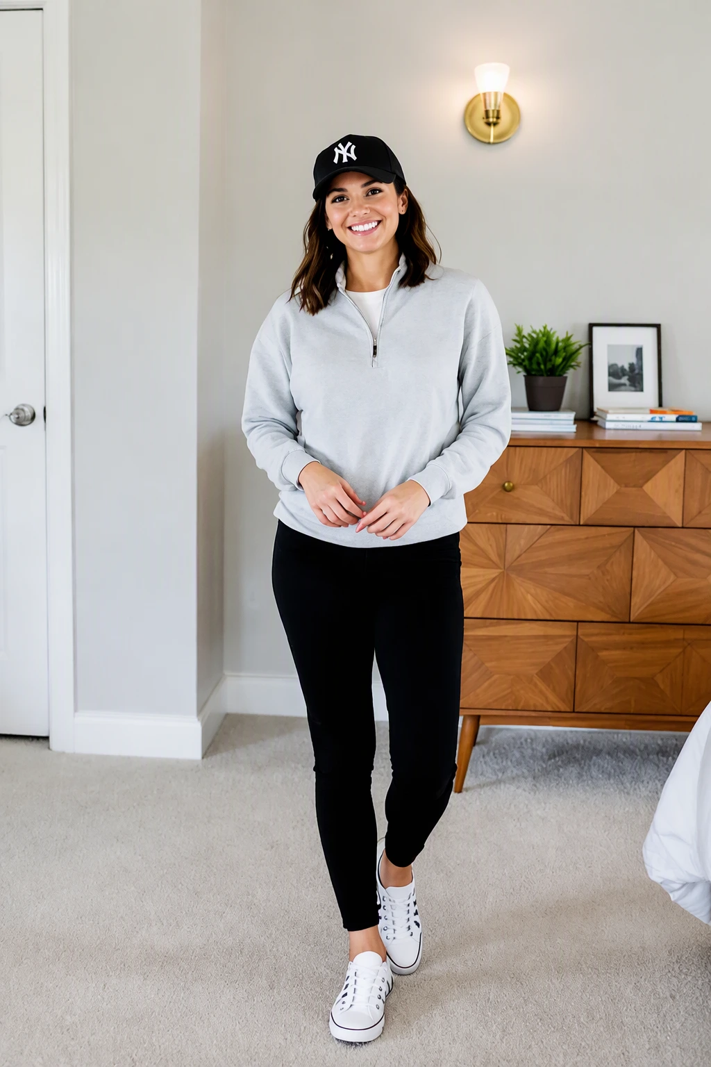 Light Gray Quarter-Zip Sweatshirt + Black Leggings + White Canvas Sneakers + Black Baseball Cap
