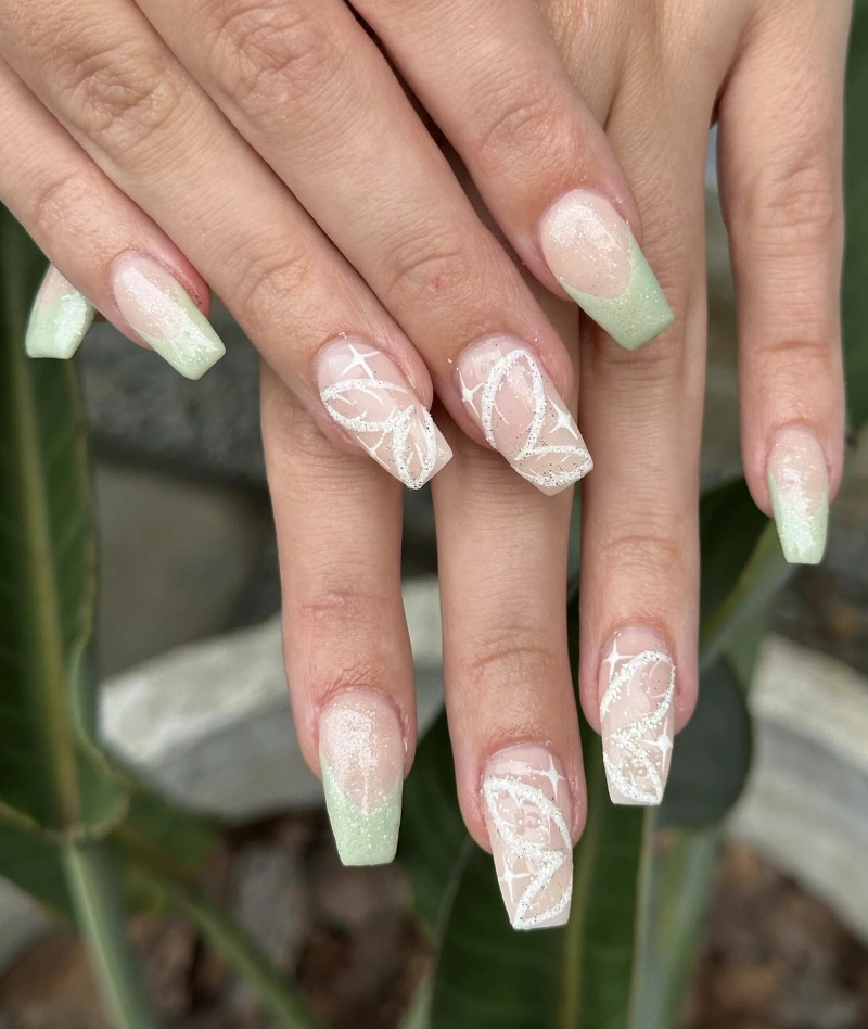 Light Green Ombre French Tips with White Web Design