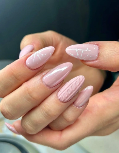 Light Pink Almond Nails with Cable Knit Accent Nail