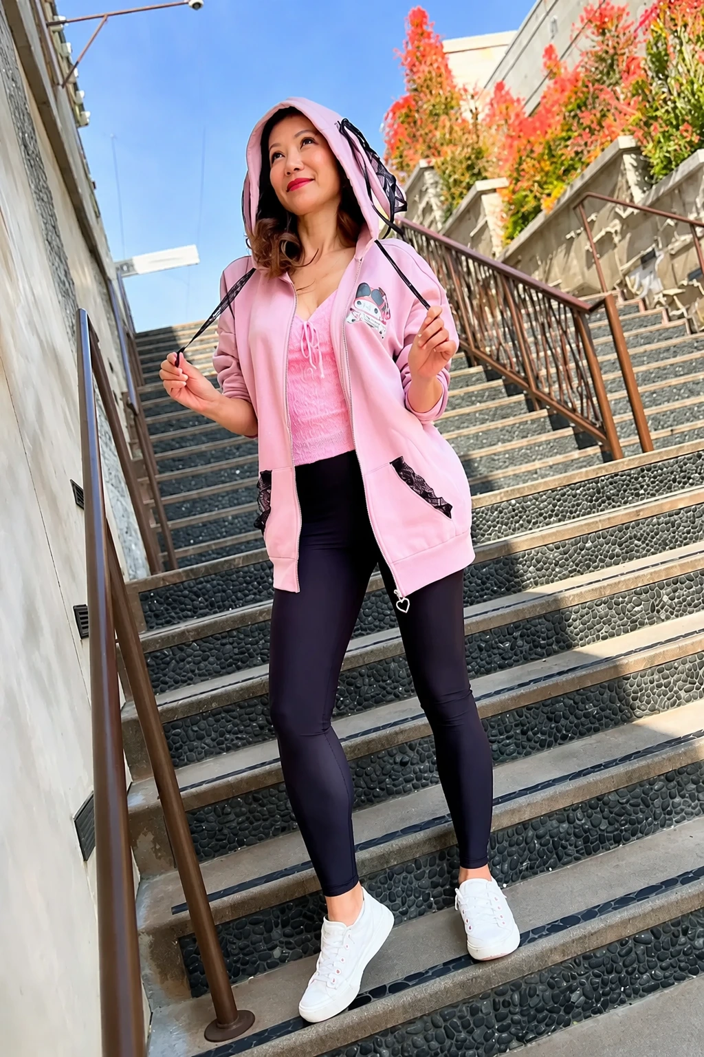 Light Pink Hoodie Vest + Pink Knit Crop Top + Black High-Waisted Leggings + White Low-Top Sneakers