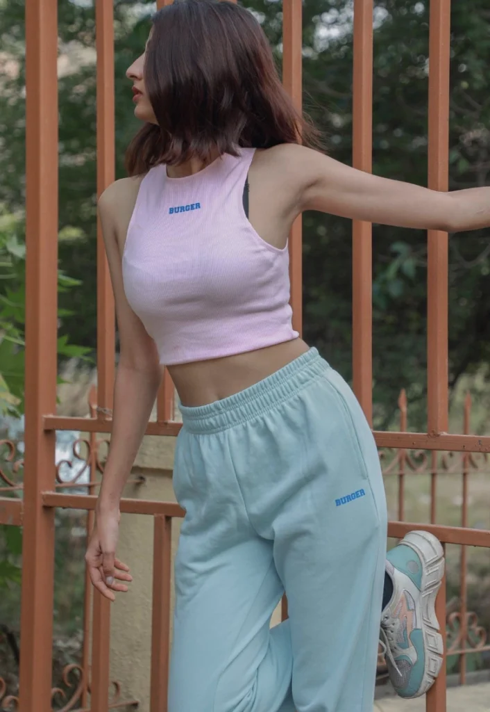 Light Pink Ribbed Tank Top + Light Blue Sweatpants + White Blue Chunky Sneakers