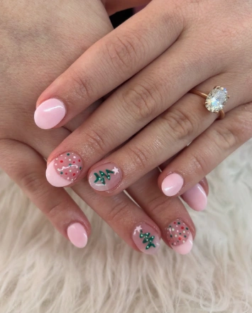 Light Pink Round Nails with Christmas Tree & Gingerbread Accents