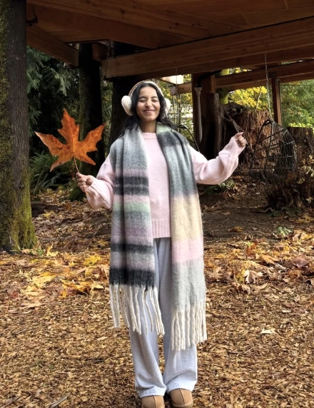 Light Pink Sweater + Oversized Plaid Scarf + Cozy Earmuffs