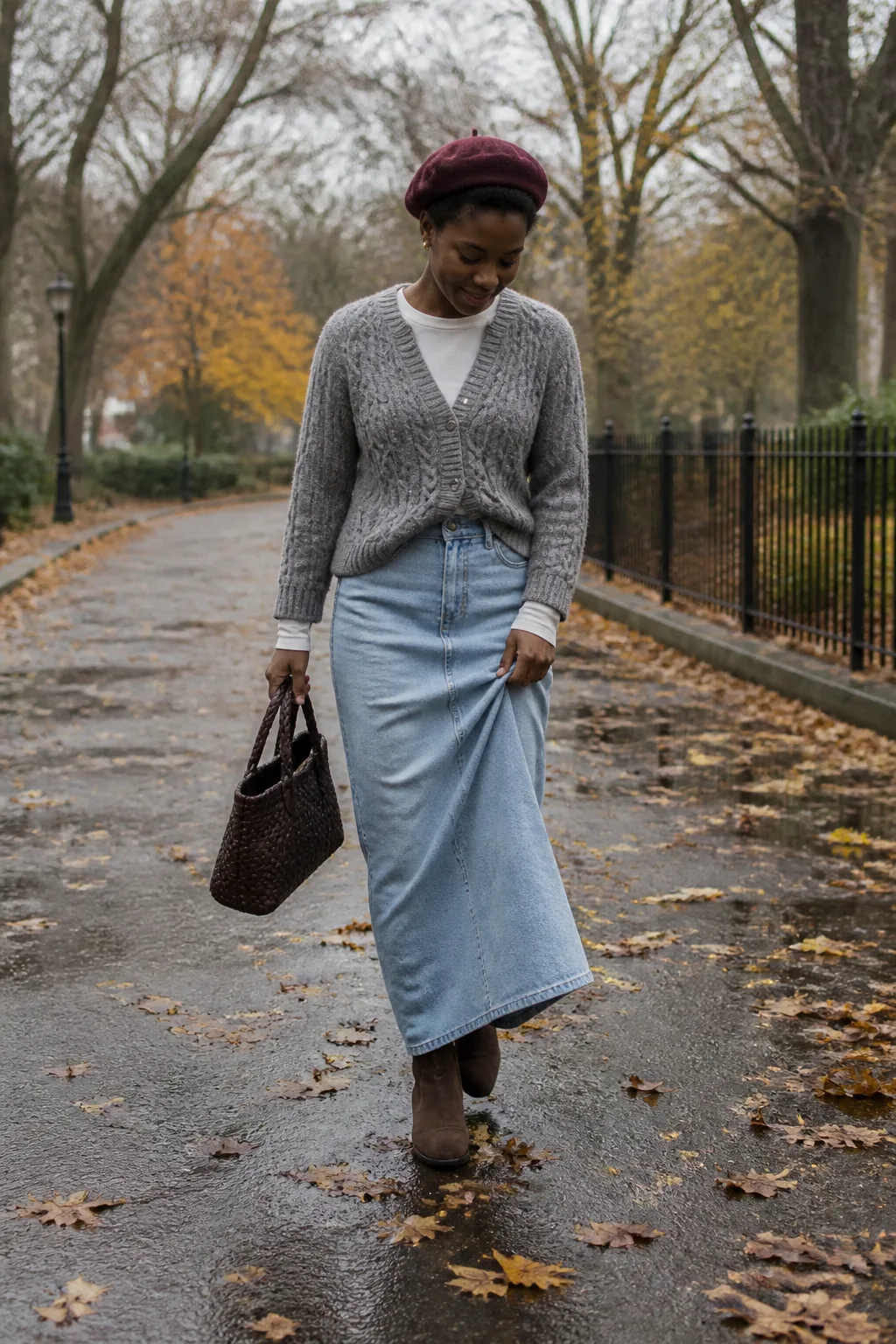 Light-Wash Denim Maxi Skirt with Cable-Knit Cardigan