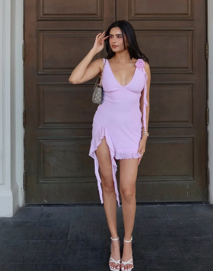 Lilac Asymmetrical Mini Dress + White Strappy Heels + Shoulder Bag