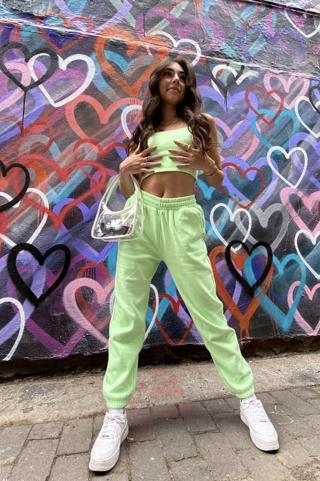 Lime Green Cropped Tank Top + Lime Green High-Waisted Sweatpants + White Sneakers