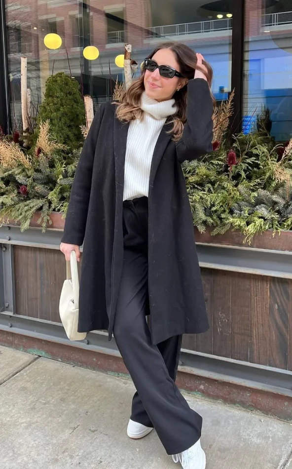 Long Black Coat + Turtleneck White Sweater + Black Wide Pants + White Shoes