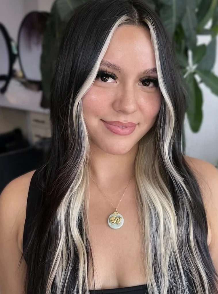 Long Black Hair with Face-Framing Icy Blonde Highlights