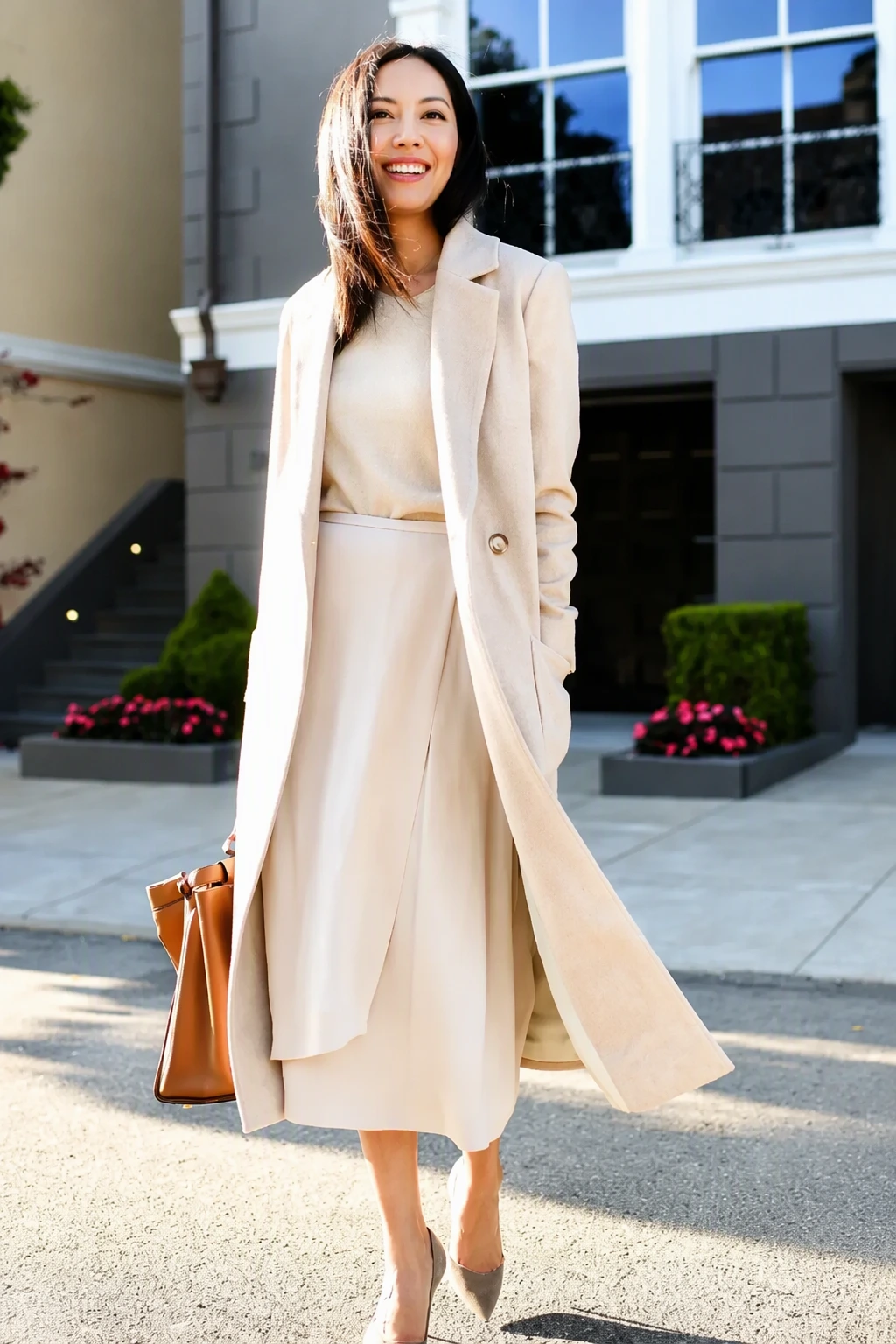 Long Coat + Midi Skirt + Classic Pumps