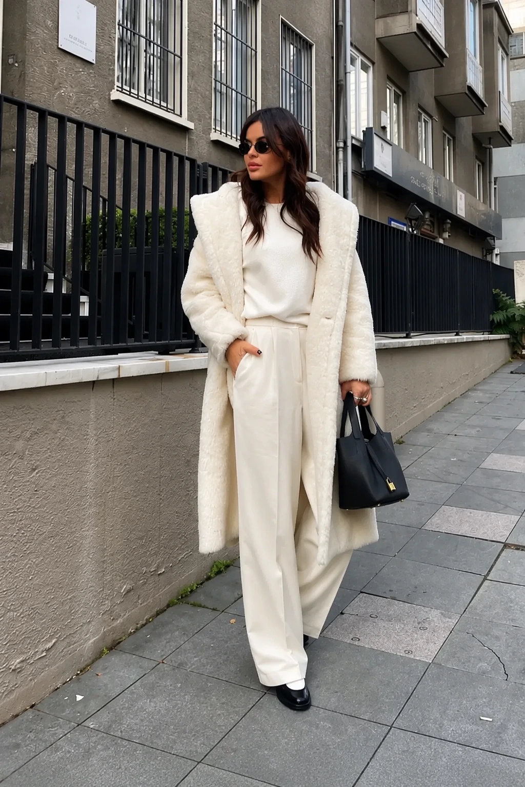 Long Cream Coat + Cream Top + Cream Wide Pants