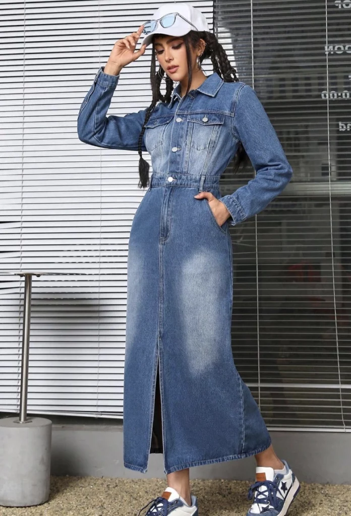 Long Denim Shirt Dress + Casual Sneakers + White Cap