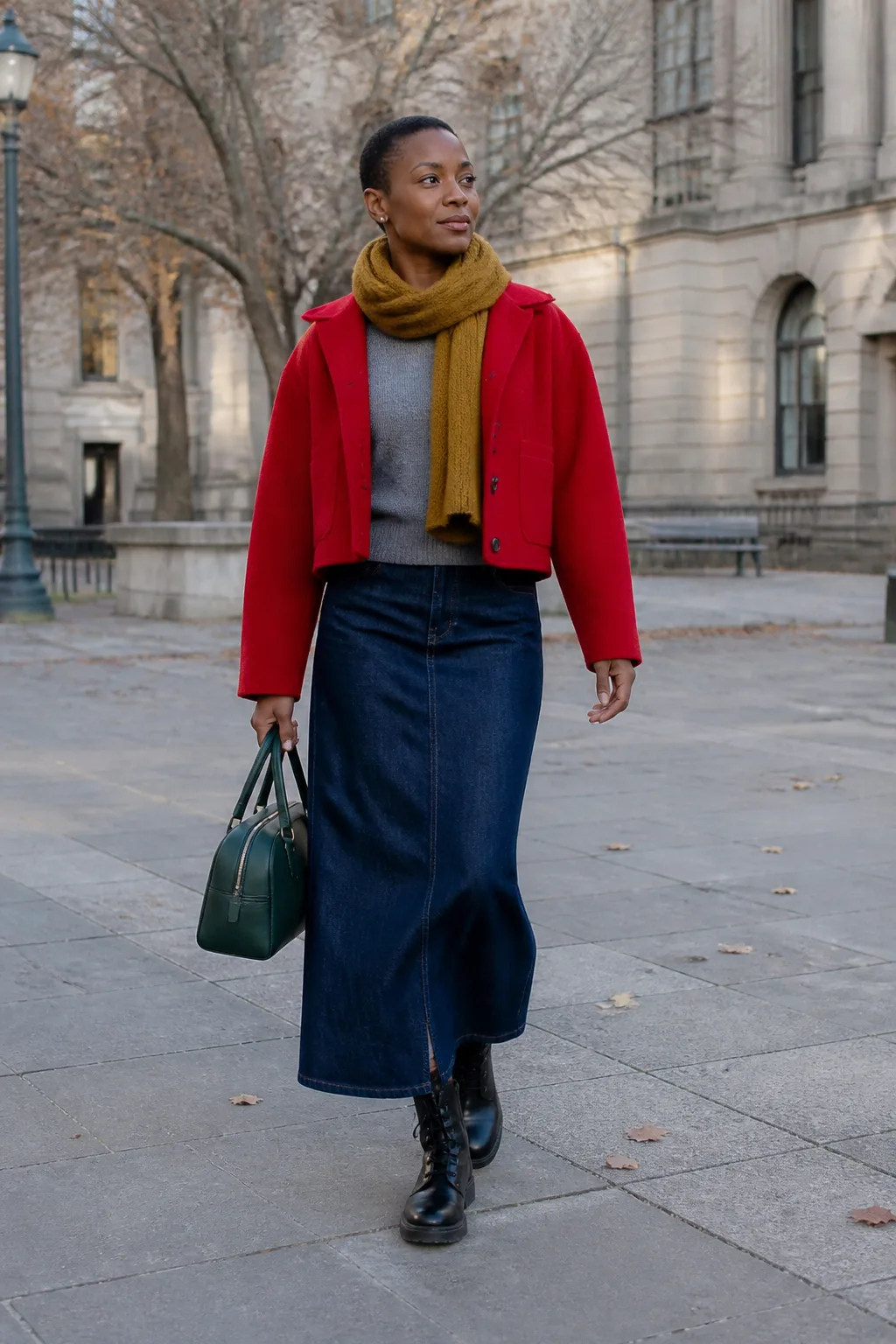 Long Denim Skirt with Cropped-Length Wool Coat